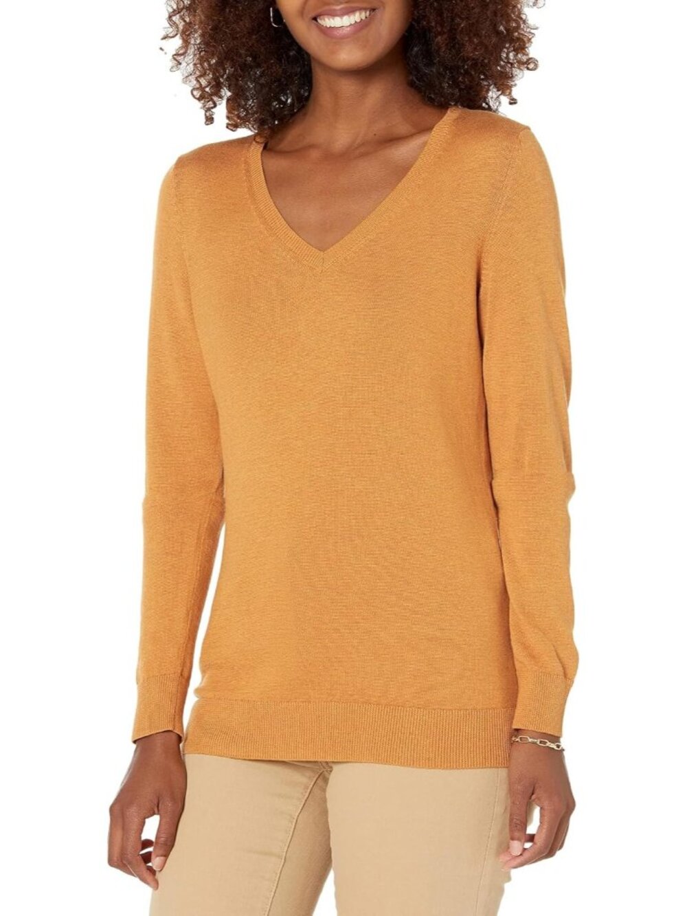 Amazon Essentials Women's Mustard Heather V Neck Lightweight Long Sleeve Sweater